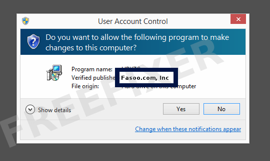 Screenshot where Fasoo.com, Inc appears as the verified publisher in the UAC dialog